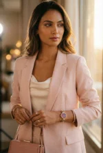 A woman in a light pink blazer and cream top stands confidently in a warmly lit room. She holds a matching handbag and wears a stylish watch.