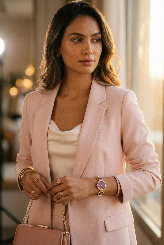 A woman in a light pink blazer and cream top stands confidently in a warmly lit room. She holds a matching handbag and wears a stylish watch.