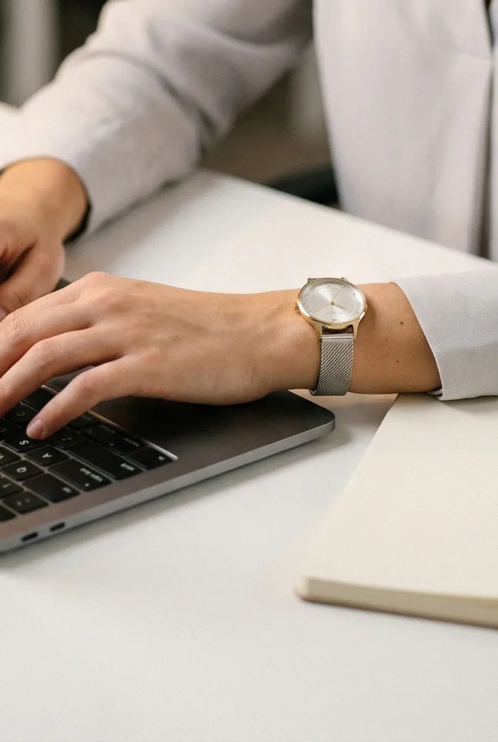 Close-up of a person typing on a laptop with a silver mesh wristwatch on their wrist, and a notebook nearby. The tone is professional and focused.