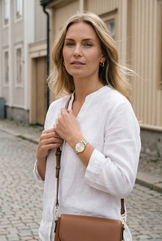 A woman with blonde hair wearing a white blouse stands on a cobblestone street. She holds a brown bag and wears a watch, conveying a calm, stylish vibe.