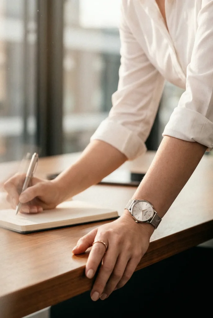 A person in a white shirt leans on a wooden table, writing in a notebook. They wear a silver watch and ring, conveying a focused, professional mood.