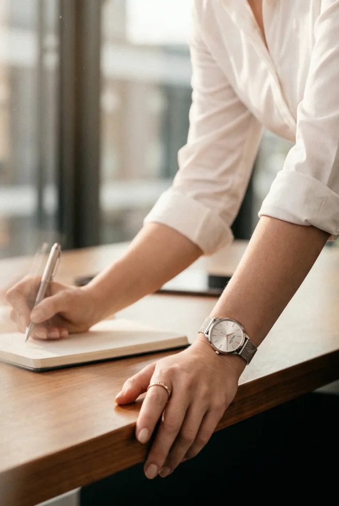 A person in a white shirt leans on a wooden table, writing in a notebook. They wear a silver watch and ring, conveying a focused, professional mood.