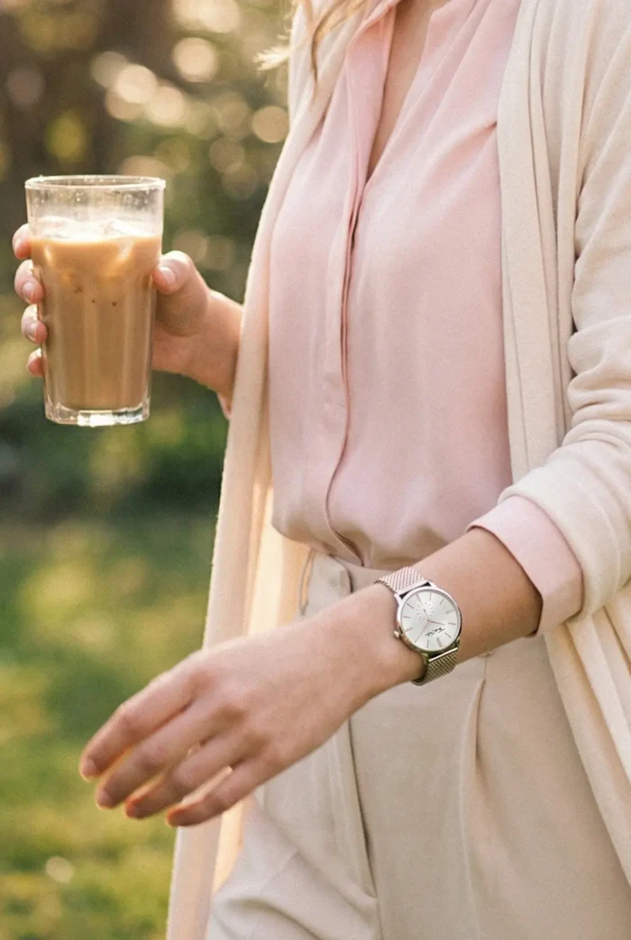 A person in pastel attire holds an iced coffee and walks outdoors. Sunlight filters through trees, creating a warm, relaxed ambiance. A silver watch is visible on their wrist.