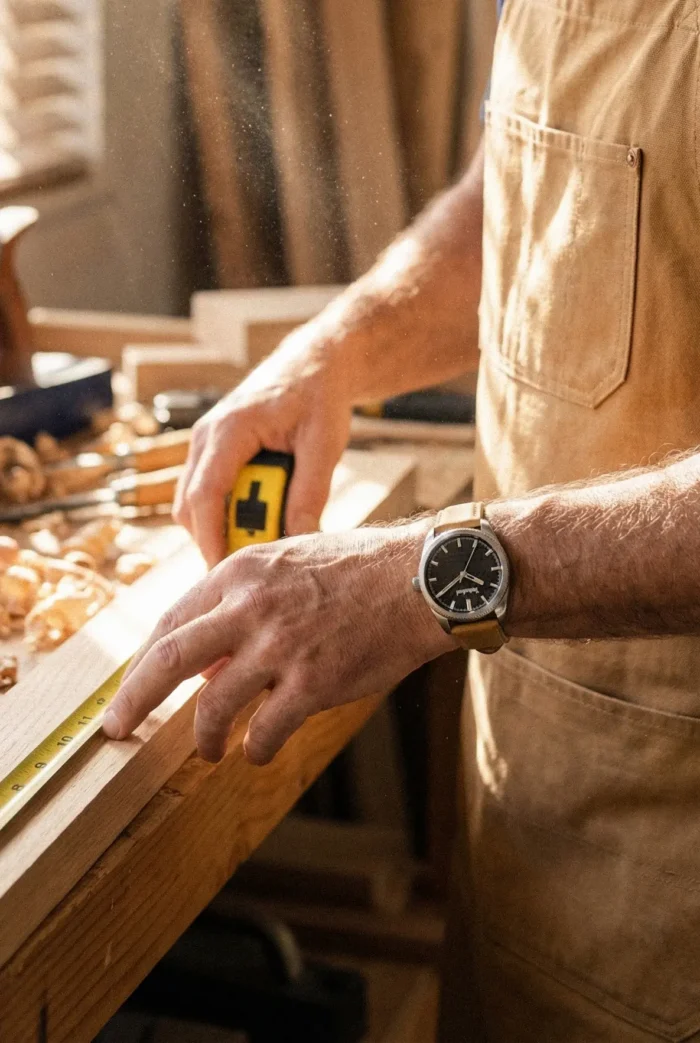 A craftsman wearing an apron measures wood with a tape measure on a sunlit workbench. Wood shavings, tools, and focused hands convey precision and craftsmanship.