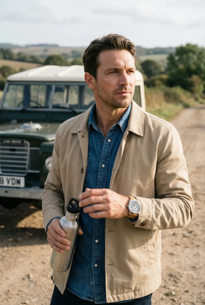 Man in casual jacket holds a metal water bottle in front of a vintage off-road vehicle on a dirt road. The scene is set in a rural landscape, conveying a relaxed, adventurous mood.