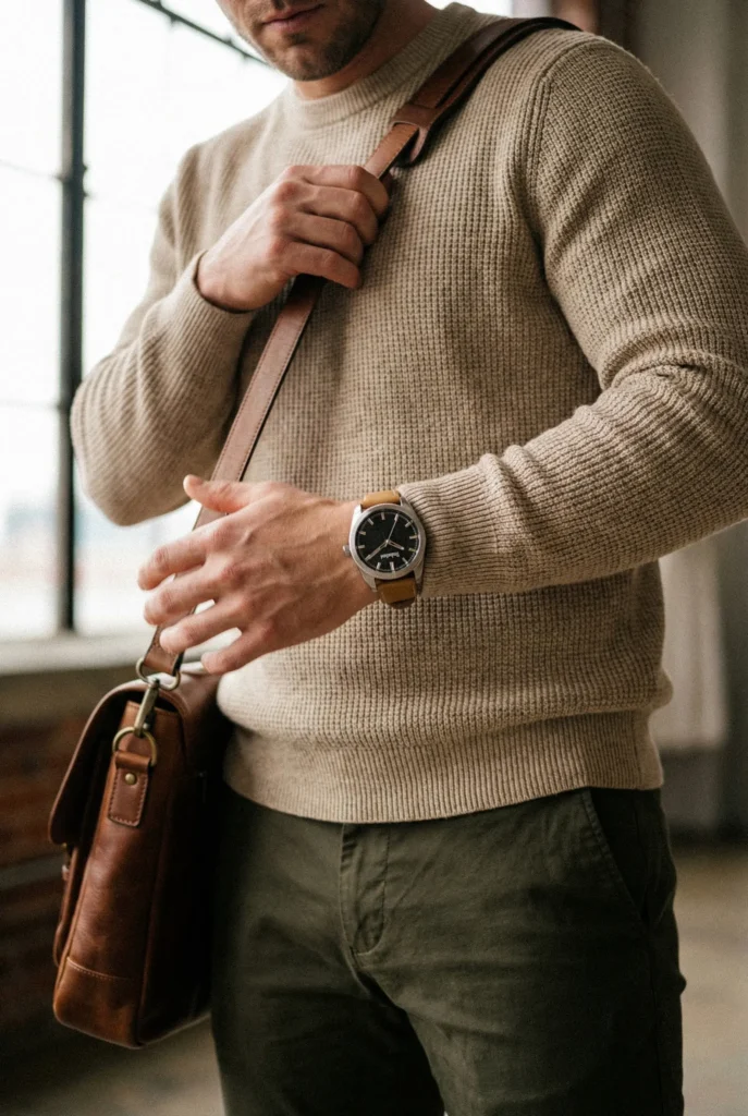 A person wearing a beige sweater and olive pants holds a leather bag. They check their black watch, conveying a casual, stylish tone.