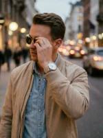 A man in a beige jacket adjusts his sunglasses on a bustling street at dusk. Blurred city lights and cars create a lively, urban background.