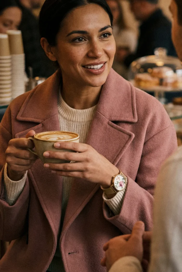 A person in a pink coat holds a cup of latte art, seated in a cozy café with pastries in the background.
