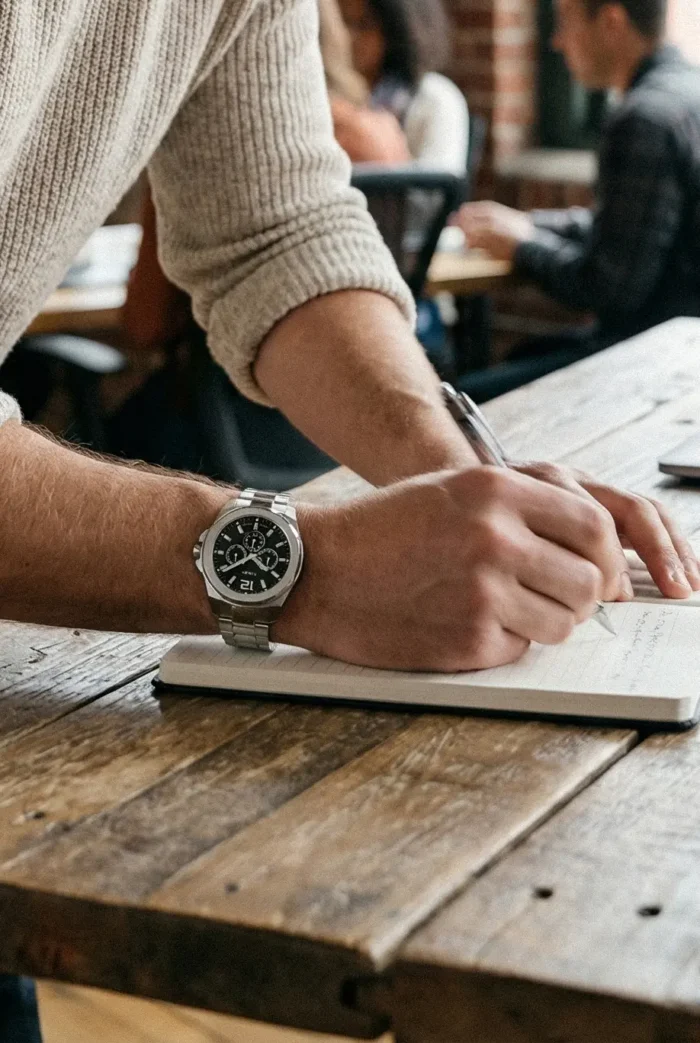 A man writing in a notebook on a wooden table, featuring a stylish silver watch, with people engaged in conversation in the background.
