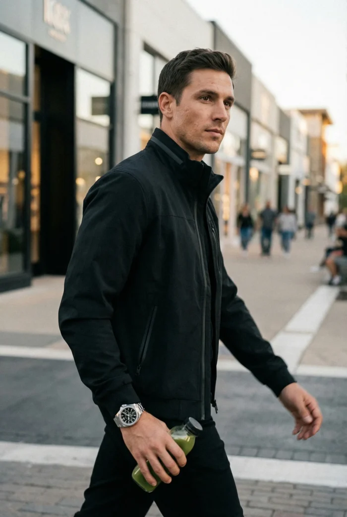 A man in a black jacket walks through a shopping area, holding a green drink and wearing a stylish silver watch.