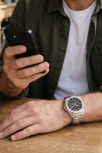A person in a white shirt and dark jacket sits at a wooden table, holding a black smartphone. They wear a large, silver wristwatch, conveying a casual, modern vibe.