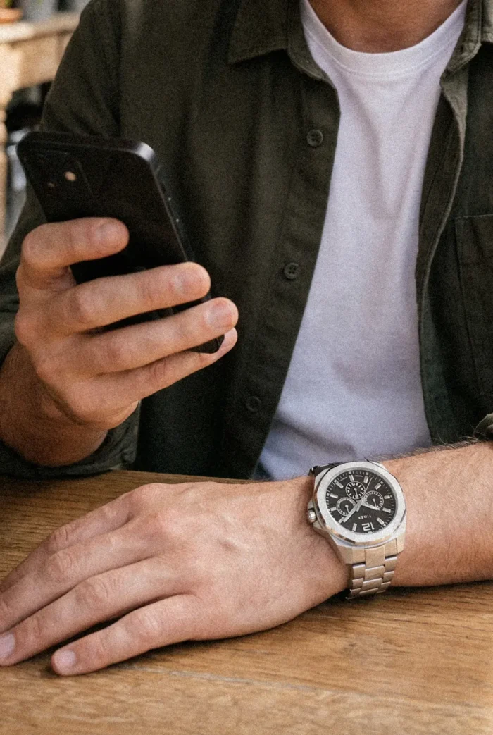 A person in a white shirt and dark jacket sits at a wooden table, holding a black smartphone. They wear a large, silver wristwatch, conveying a casual, modern vibe.