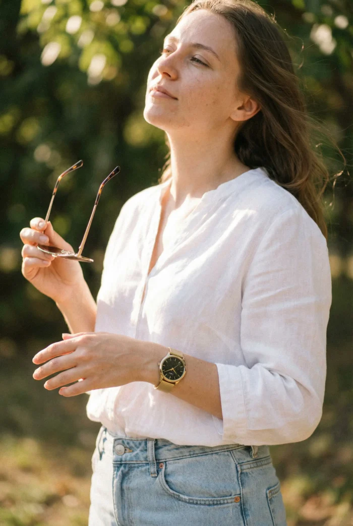 A woman in a white blouse holds sunglasses and wears a gold watch, standing outdoors against a backdrop of greenery.
