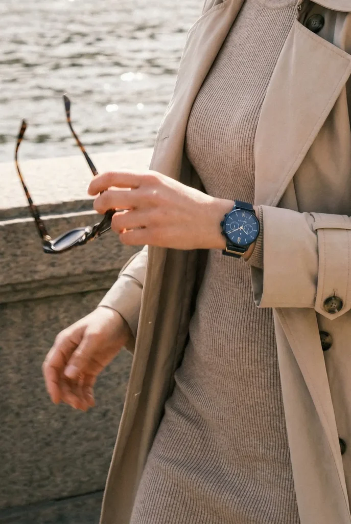 A person in a beige trench coat holds sunglasses, walking by a waterfront. They wear a grey dress and a blue watch, conveying elegance and casual style.