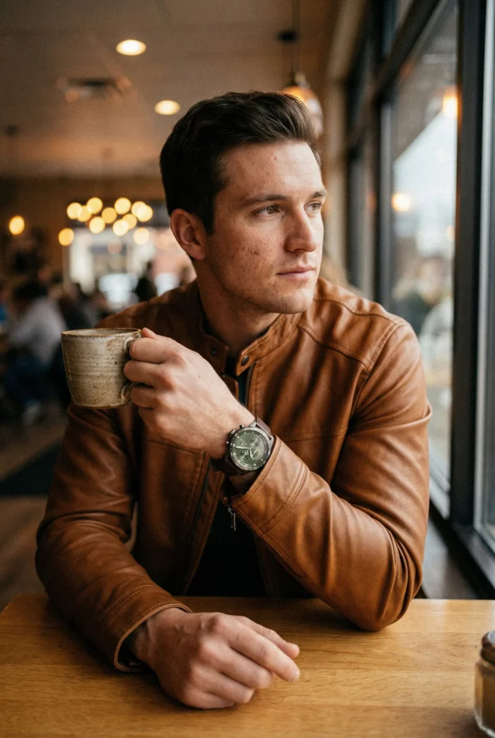 A person in a brown leather jacket, and a green dial watch with brown straps holds a mug, gazing thoughtfully out a cafe window. Warm lighting and blurred background create a cozy atmosphere.