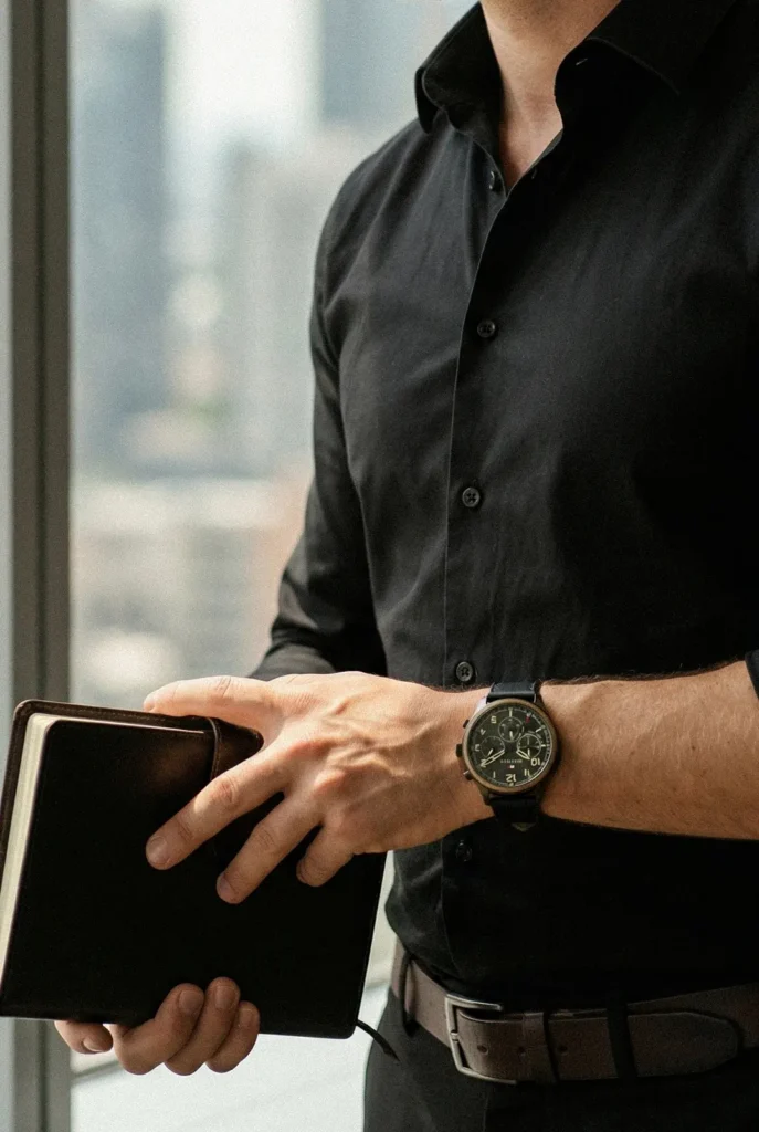 A man wearing a black shirt and a watch holds a closed black notebook by a large window. The image conveys a professional and contemplative tone.