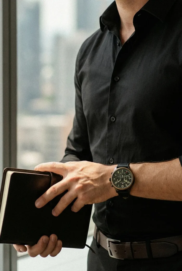 A man wearing a black shirt and a watch holds a closed black notebook by a large window. The image conveys a professional and contemplative tone.