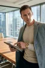 A man in a light gray coat and beige sweater, wearing golden watch holds a tablet in a modern conference room. He appears thoughtful, with large windows in the background.
