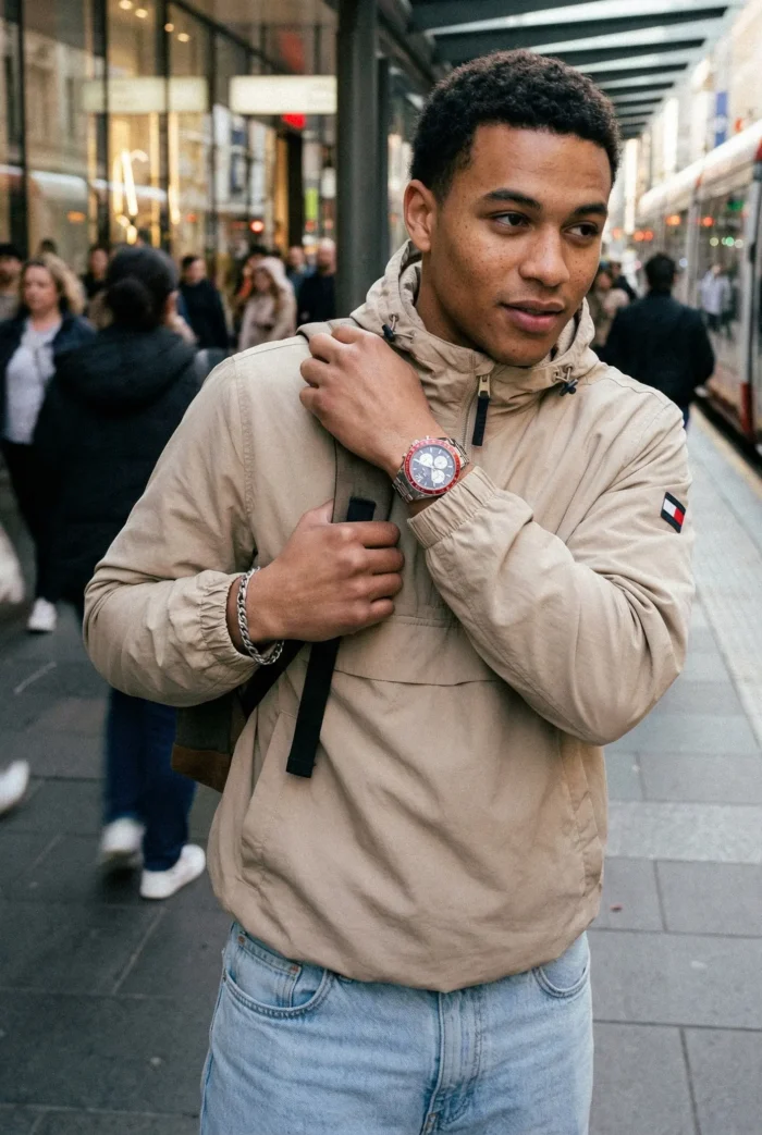 Young man in a beige jacket and jeans stands in a bustling city street. He adjusts his backpack strap, revealing a prominent red watch. He appears relaxed.