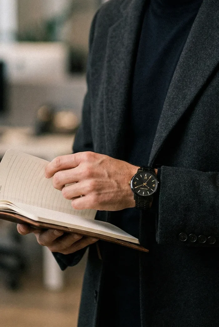 A person wearing a dark blazer holds an open notebook in one hand, flipping pages with the other. A black watch is visible on their wrist, conveying a professional tone.