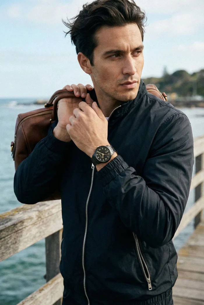 Man standing on a pier, wearing a black jacket, holding a brown leather bag over his shoulder. A watch adorns his wrist. Background of ocean and sky.