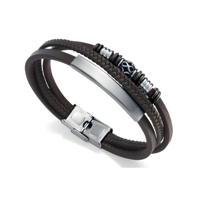 Stylish brown braided leather bracelet featuring a silver metal clasp and decorative metal accents for a contemporary look.