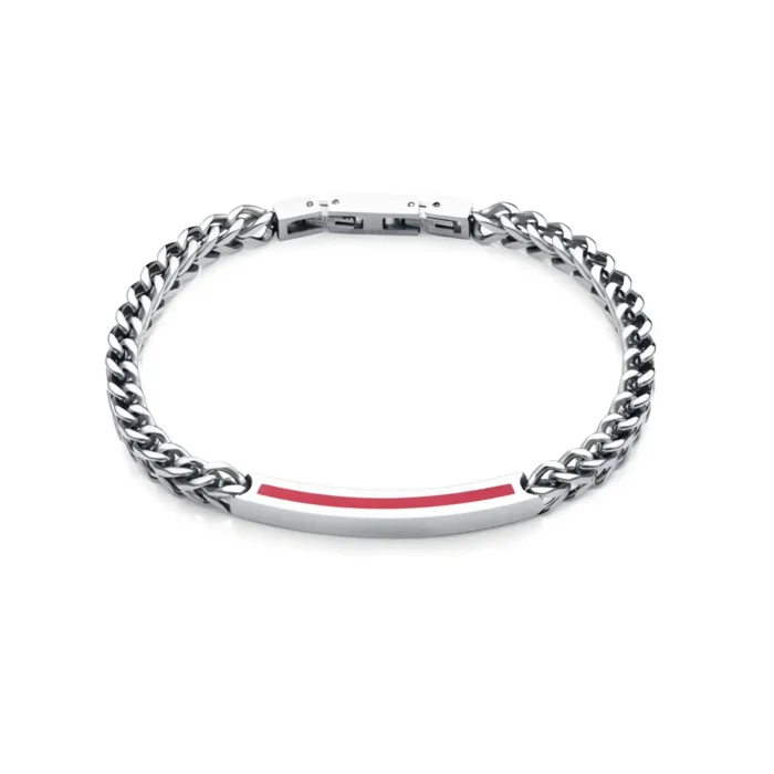 A stylish silver chain bracelet featuring a sleek metal bar with a vibrant red accent.
