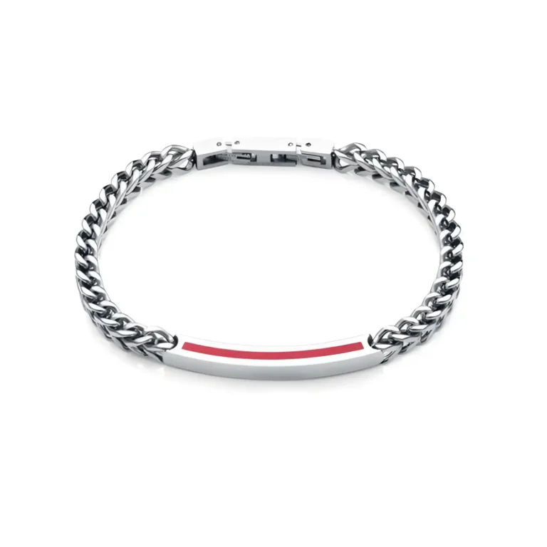 A stylish silver chain bracelet featuring a sleek metal bar with a vibrant red accent.