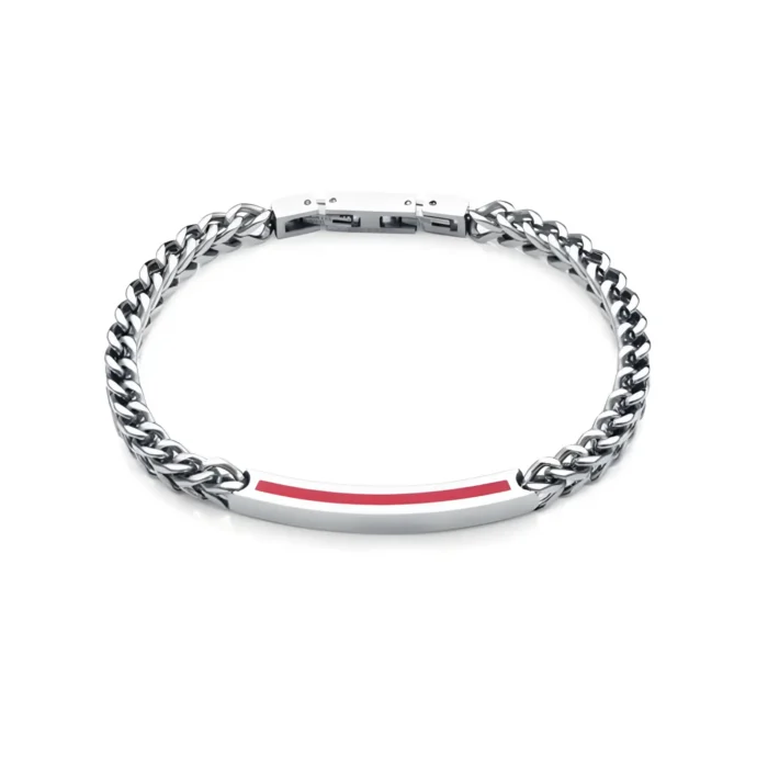 A stylish silver chain bracelet featuring a sleek metal bar with a vibrant red accent.