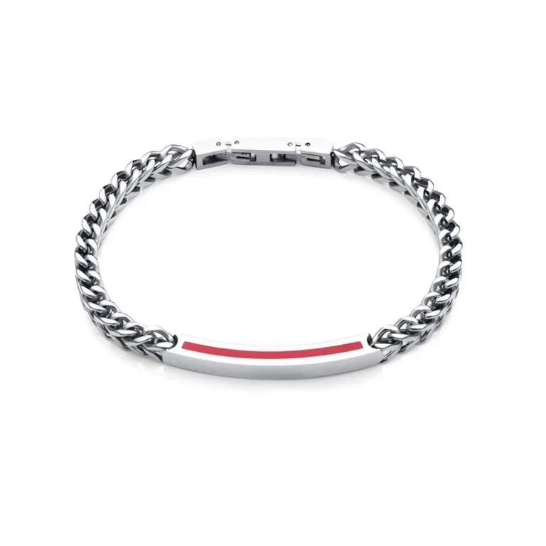 A stylish silver chain bracelet featuring a sleek metal bar with a vibrant red accent.