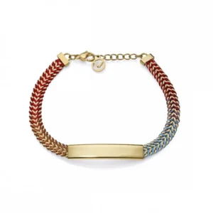 Colorful braided bracelet featuring a gold-tone metal plate in the center and a gold clasp with a charm.