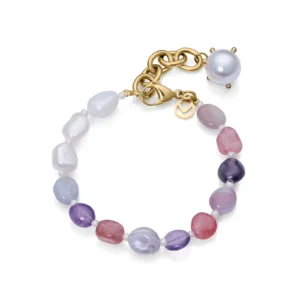 A stylish bracelet featuring a mix of colorful beads, including pearls and gemstones, with a gold-tone clasp and chain.