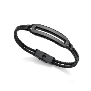 A sleek black braided bracelet featuring a minimalist metallic clasp and an elongated central plate.