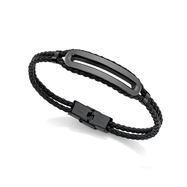 A sleek black braided bracelet featuring a minimalist metallic clasp and an elongated central plate.