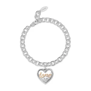 A silver chain bracelet featuring a heart-shaped pendant with the word "love" in gold and sparkling accents.