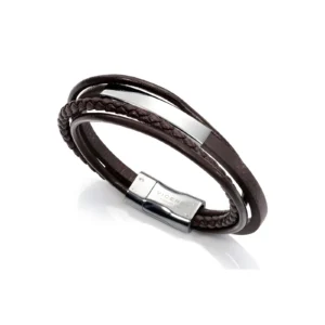 Stylish brown leather bracelet with braided design and silver clasp, featuring a sleek metallic accent.