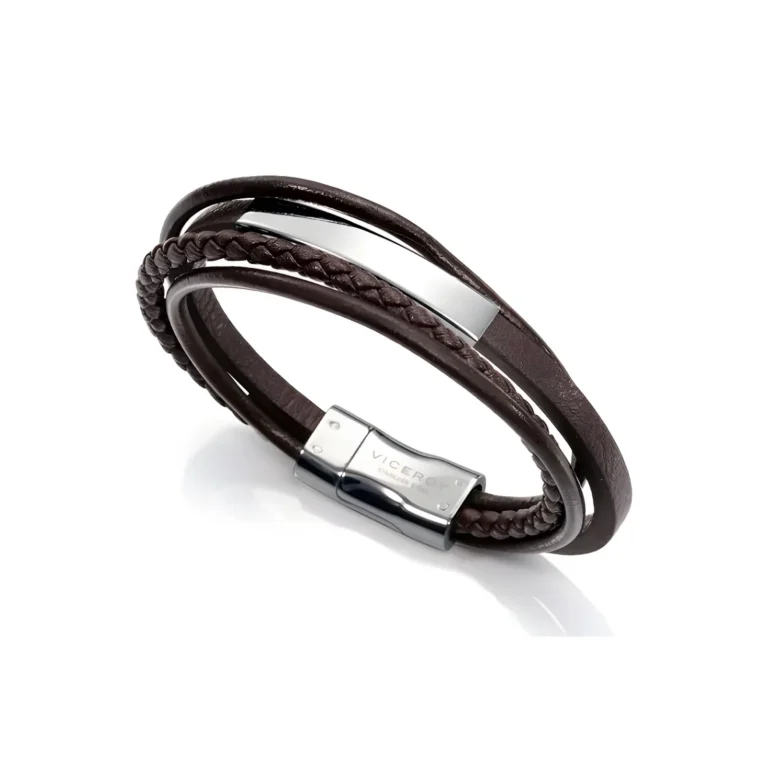 Stylish brown leather bracelet with braided design and silver clasp, featuring a sleek metallic accent.