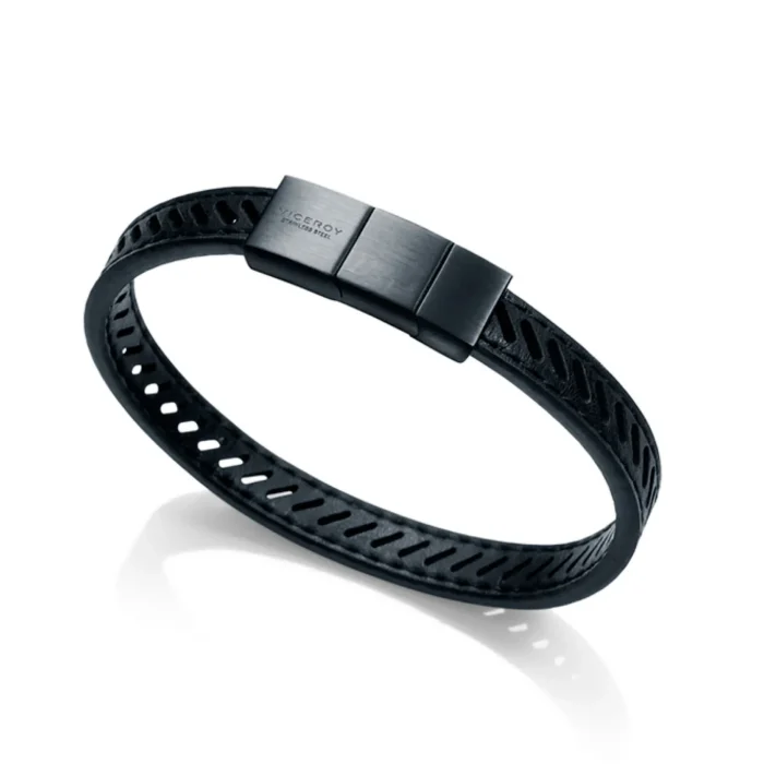 Stylish black bracelet featuring a sleek design with a stainless steel clasp and a cut-out pattern along the band.