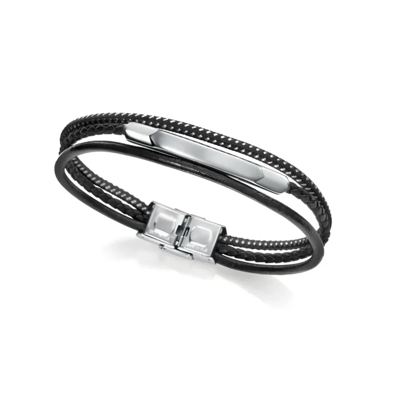 A sleek black braided bracelet with a silver clasp and a smooth central bar, embodying modern elegance and style.