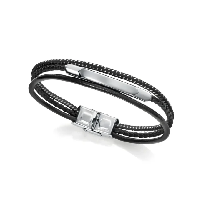 A sleek black braided bracelet with a silver clasp and a smooth central bar, embodying modern elegance and style.