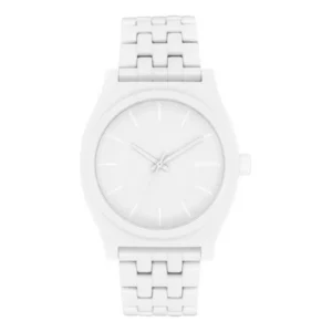 White Nixon watch with a minimalist design, featuring a smooth white face, simple hour markers, and a matching band.