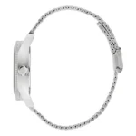 Profile view of a sleek, silver wristwatch featuring a textured bezel and a fine-link metal bracelet with a clasp.