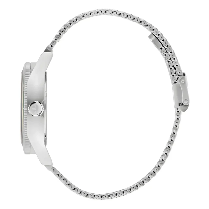 Profile view of a sleek, silver wristwatch featuring a textured bezel and a fine-link metal bracelet with a clasp.