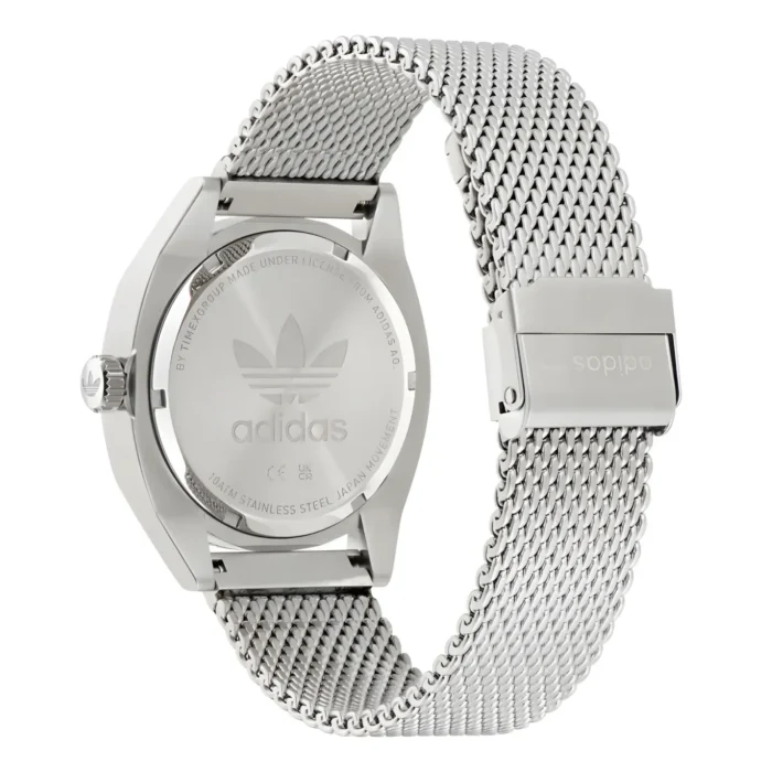 Silver Adidas watch with a mesh band, featuring the iconic three stripes logo on the back casing. Elegant and sporty design.