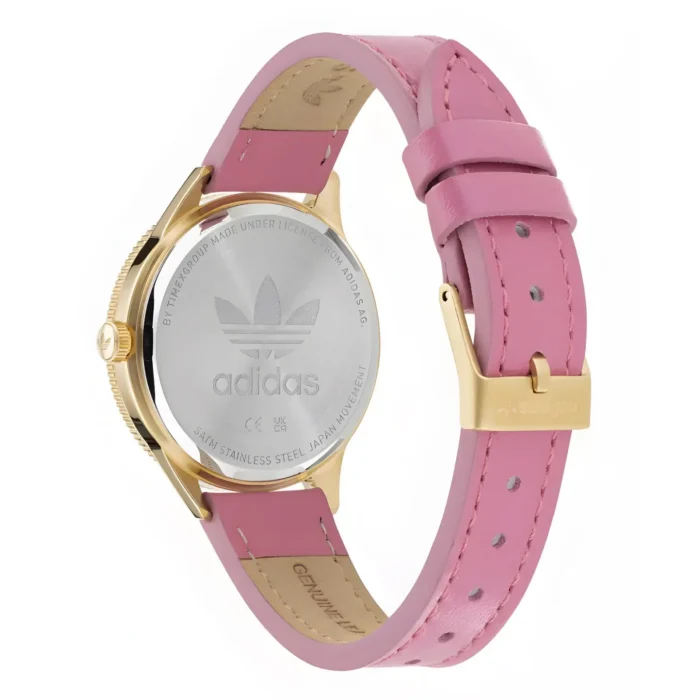 A stylish Adidas watch featuring a pink leather strap and a silver stainless steel case with a logo on the back.