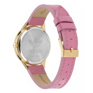A stylish Adidas watch featuring a pink leather strap and a silver stainless steel case with a logo on the back.