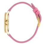 Side view of a gold-tone wristwatch with a round face and a pink leather strap, featuring a crown and buckle closure.