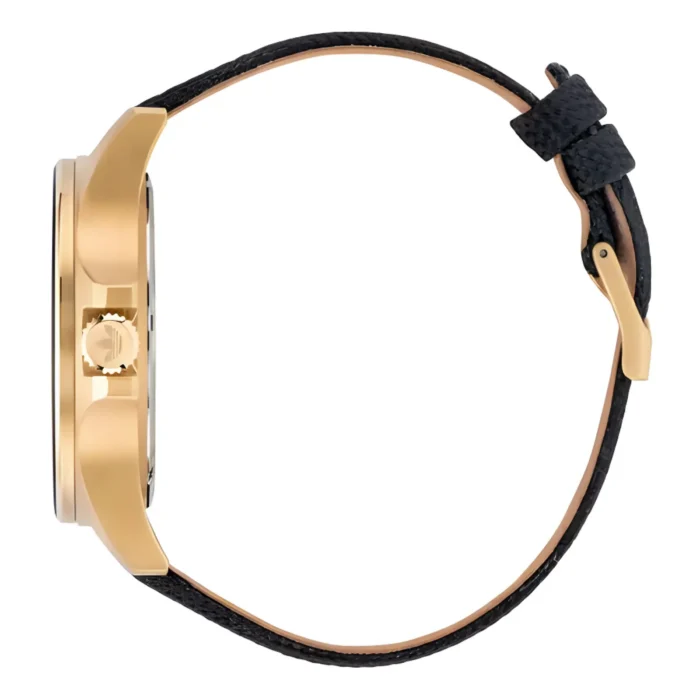 Side view of a stylish gold-tone watch with a black leather strap and a textured design, showcasing its sleek and elegant profile.