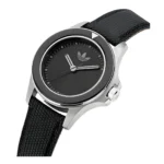 Watch featuring a sleek black dial, silver casing, and textured black strap adorned with the Adidas logo.