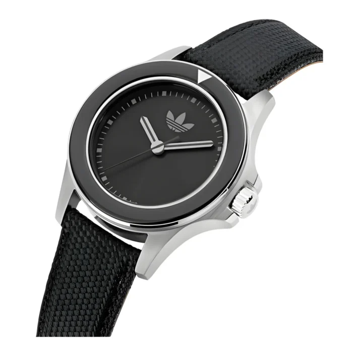 Watch featuring a sleek black dial, silver casing, and textured black strap adorned with the Adidas logo.
